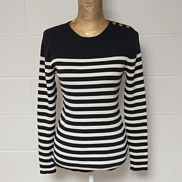 Lauren Ralph Lauren Sweaters - Lauren Ralph Lauren Rib Knit, Gold Button Shoulder, Gray & Cream Stripe Sweater